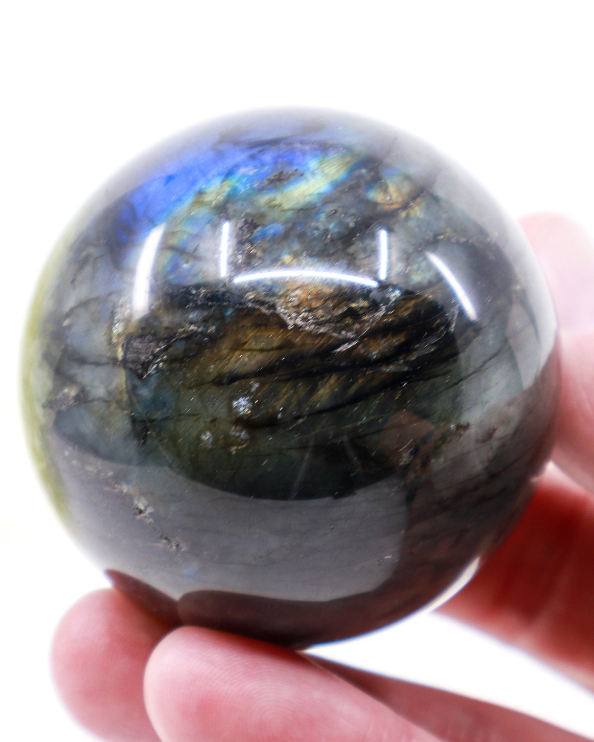 Labradorite Crystal Sphere 253g – Genuine Madagascan Labradorite with Blue, Aqua & Golden Flash