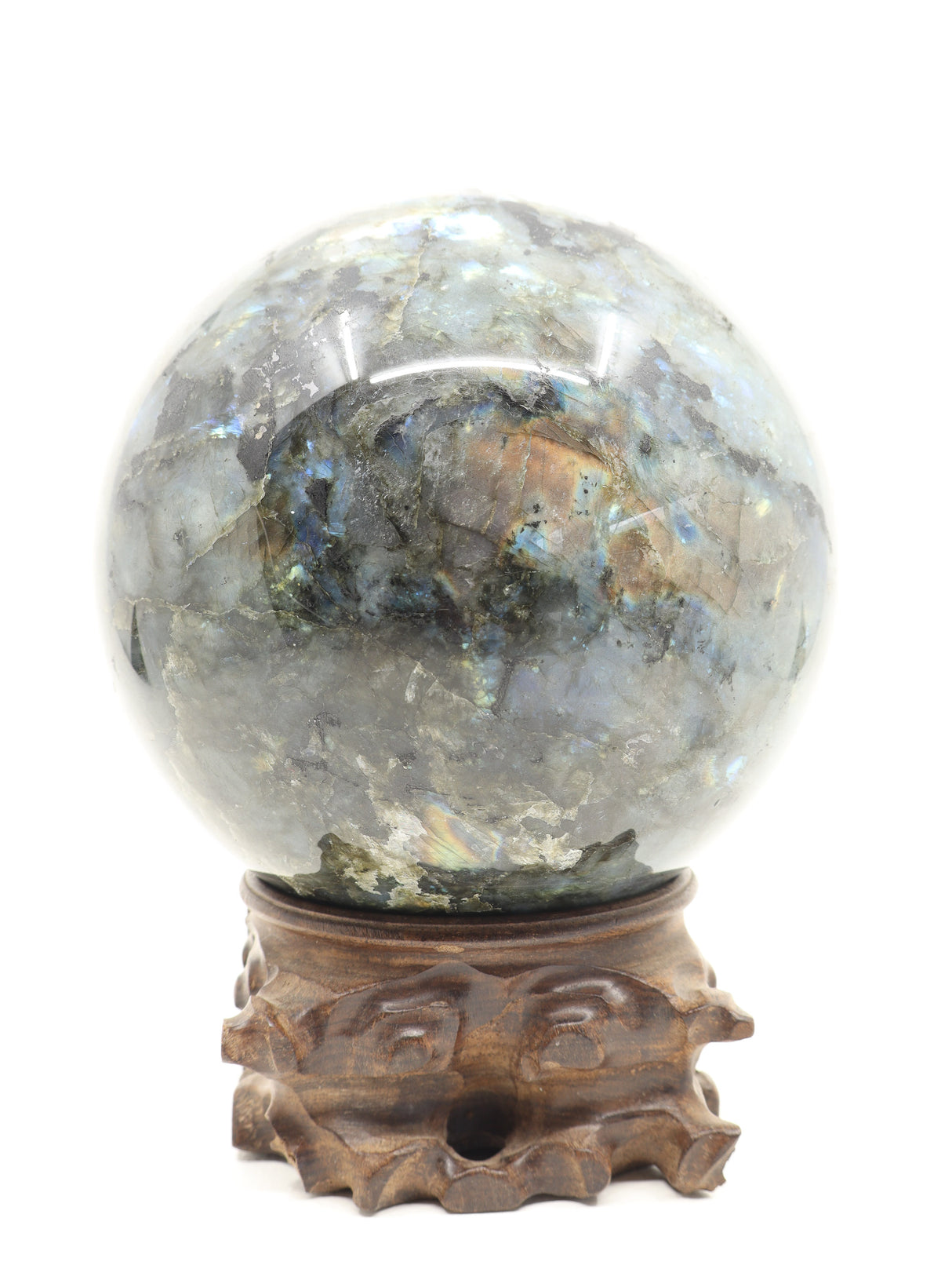 The Enchanted Realm – Magnificent 5.45kg Labradorite Sphere with Hand-Carved Wooden Stand