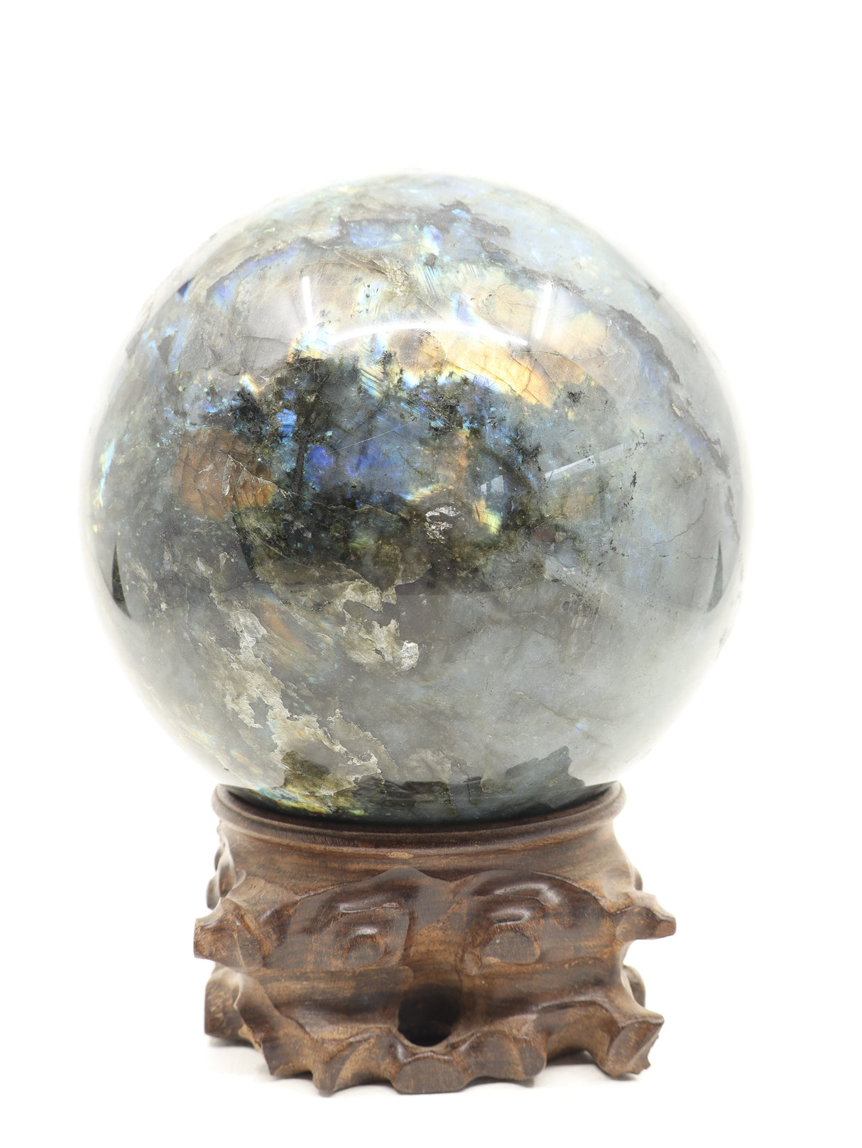 The Enchanted Realm – Magnificent 5.45kg Labradorite Sphere with Hand-Carved Wooden Stand