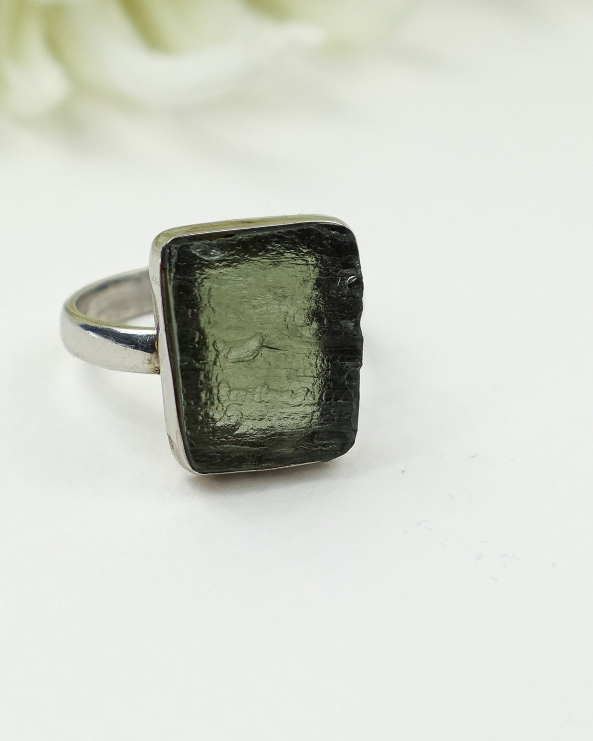 Genuine Czech Moldavite sterling silver ring with natural rectangular raw Moldavite gemstone in a handcrafted bezel setting, Size 9.