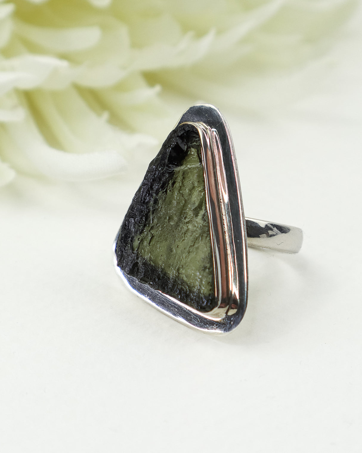 Natural Triangular Czech Moldavite Ring in Solid 925 Sterling Silver – Size 8 | 6.82g