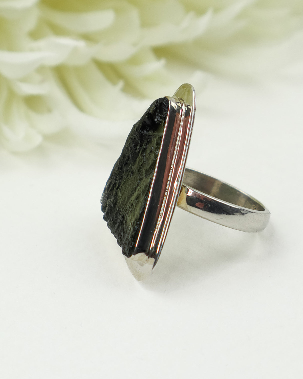 Natural Triangular Czech Moldavite Ring in Solid 925 Sterling Silver – Size 8 | 6.82g