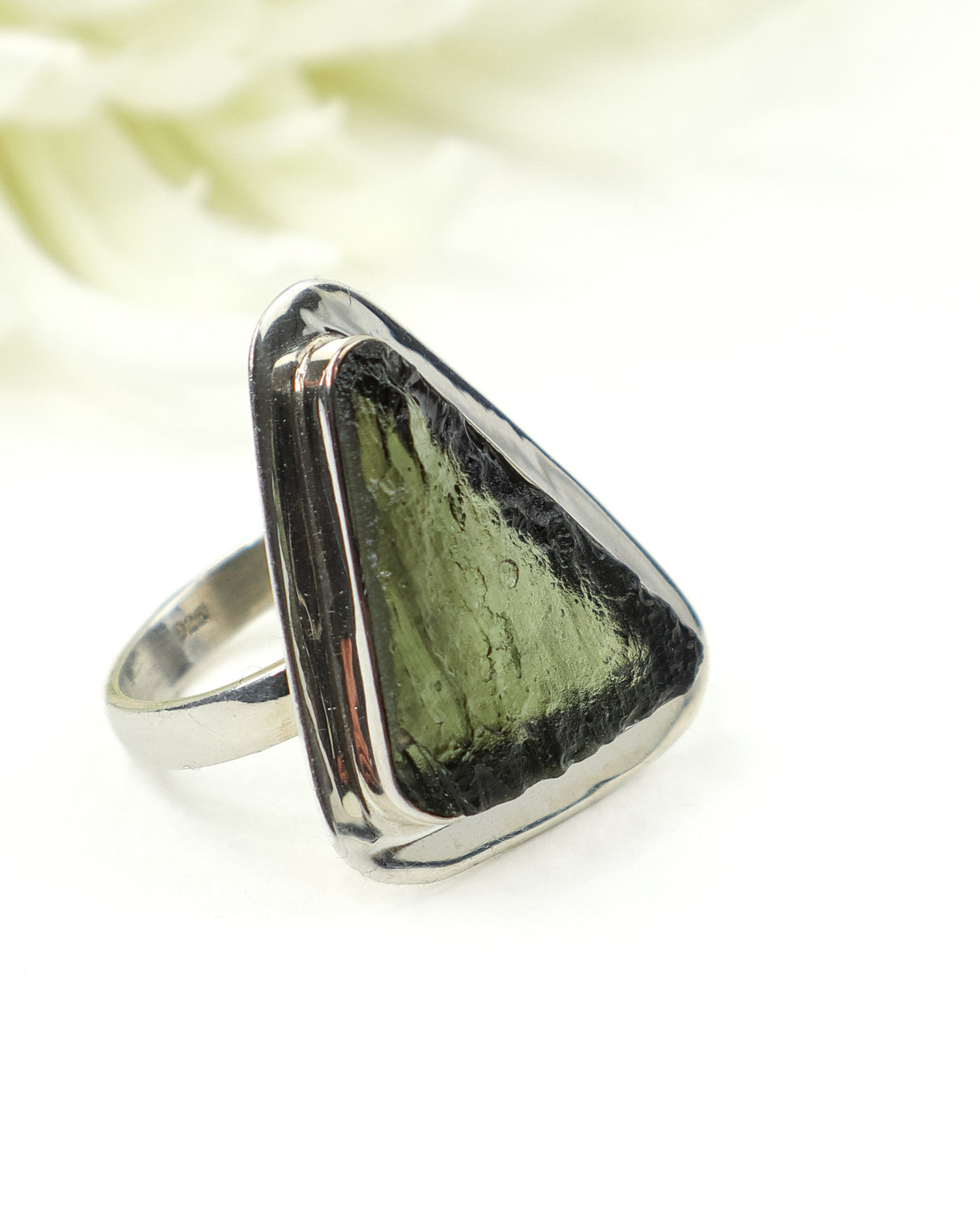 Natural Triangular Czech Moldavite Ring in Solid 925 Sterling Silver – Size 8 | 6.82g