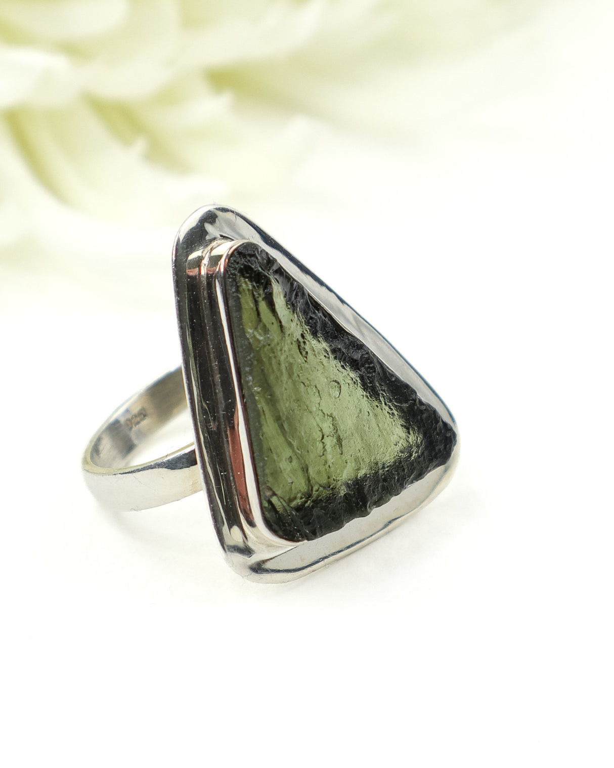 Natural Triangular Czech Moldavite Ring in Solid 925 Sterling Silver – Size 8 | 6.82g