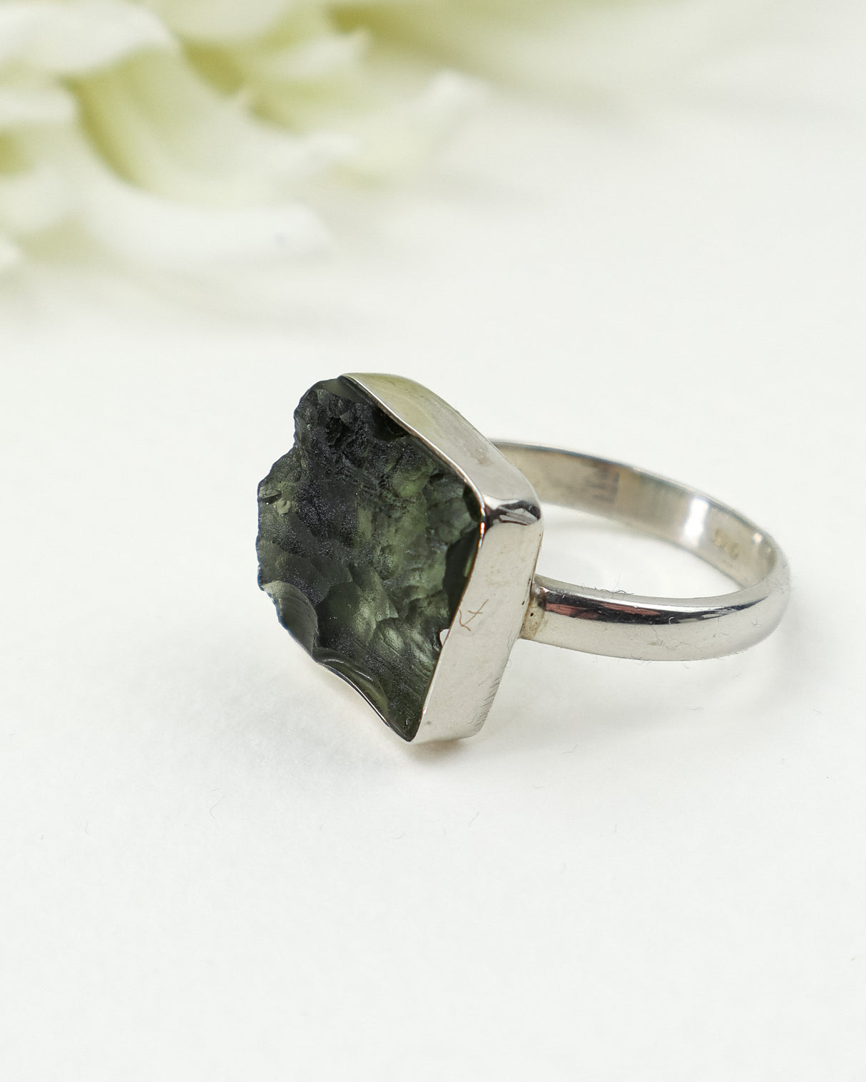 Natural Translucent Czech Moldavite Ring in Solid 925 Sterling Silver – Size 9 | 4.88g