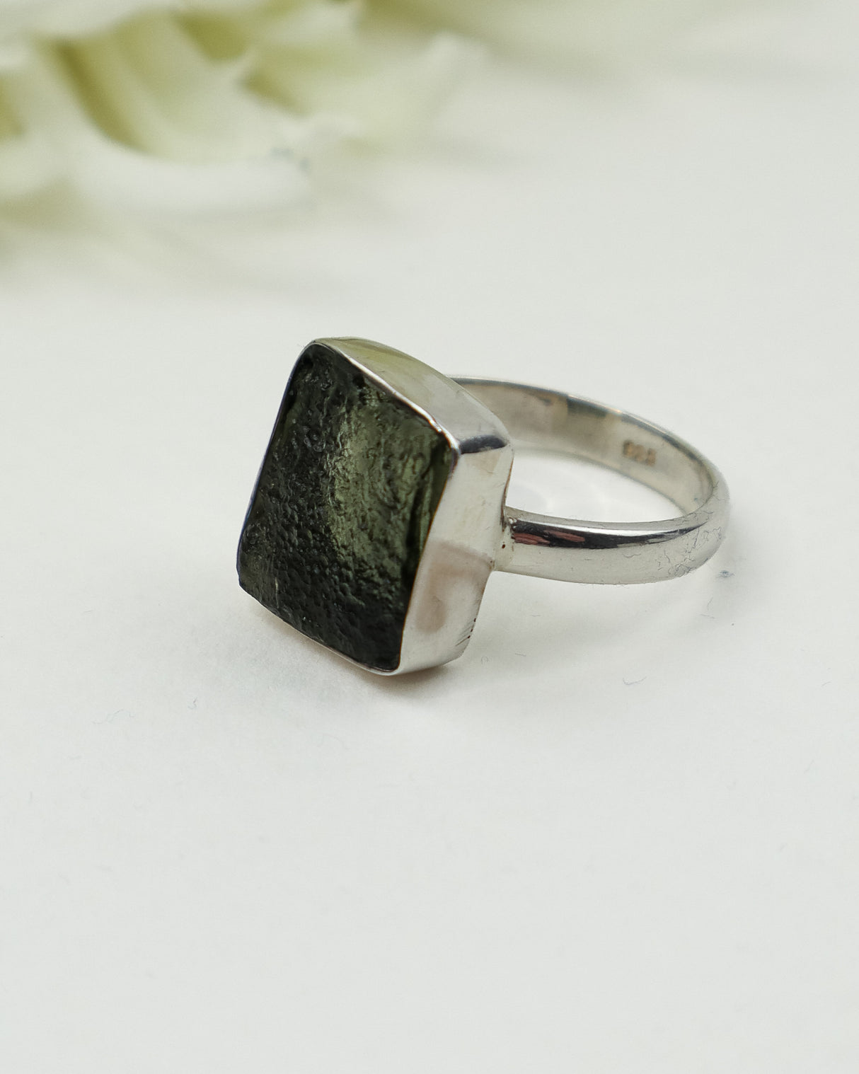 Natural square Czech Moldavite ring set in solid 925 sterling silver featuring a genuine raw Moldavite gemstone, Size 9.