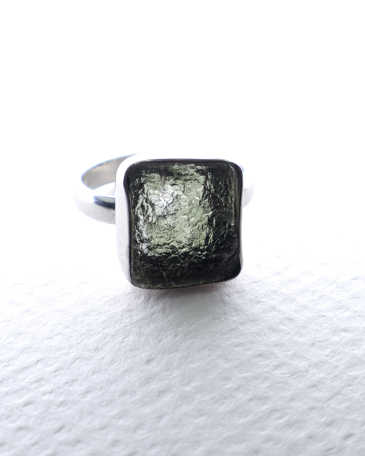 Genuine Czech Moldavite Sterling Silver Ring – Natural Square Gem | Size 9 | 4.42g