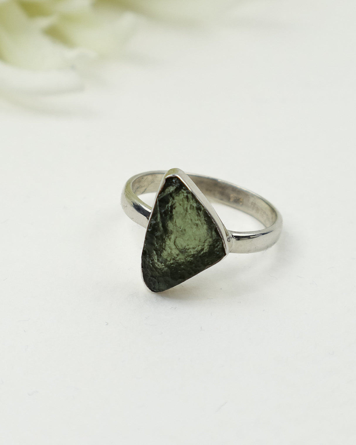 Genuine raw Czech Moldavite triangle ring set in solid 925 sterling silver, Size 9, featuring a natural olive-green freeform Moldavite gemstone.