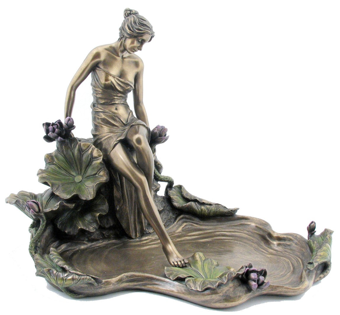 "Elegant Lady Jewellery Tray bronze statue – Art Nouveau inspired home décor piece with flowing design and metallic finish"