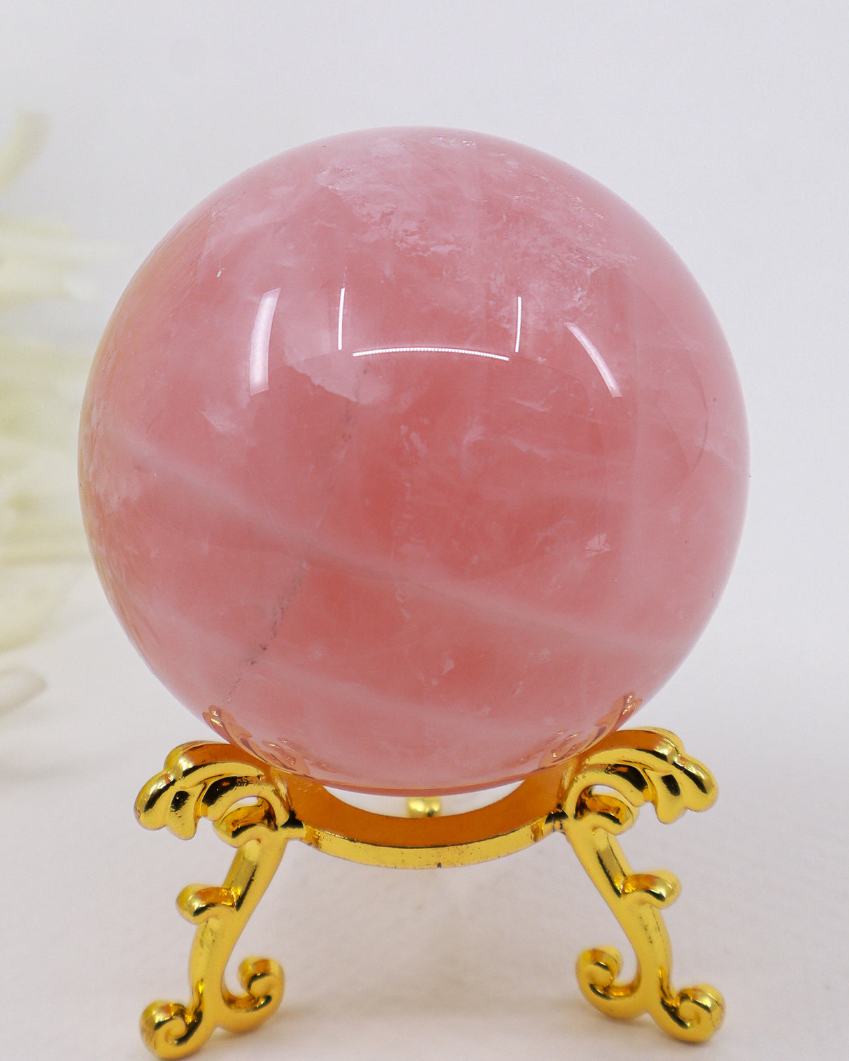 Natural Rose Quartz Crystal Sphere 292g polished healing crystal ball for love, Heart Chakra healing and home décor with display stand.