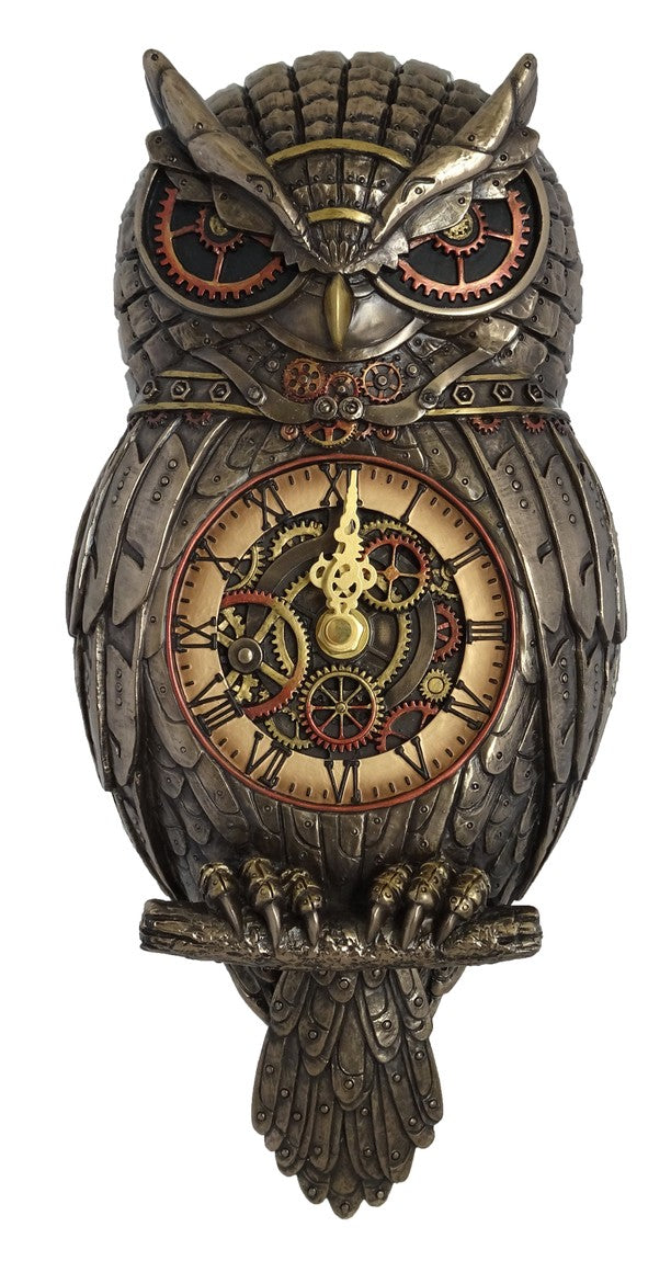 Veronese Owl Wall Clock in cold cast bronze with wagging tail pendulum