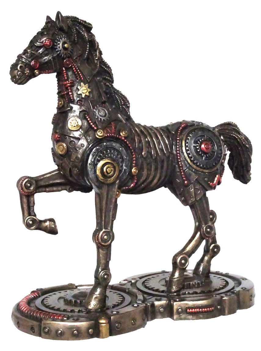 "Steampunk Horse bronze statue with gears and metallic detail – symbol of power, freedom and innovation"
