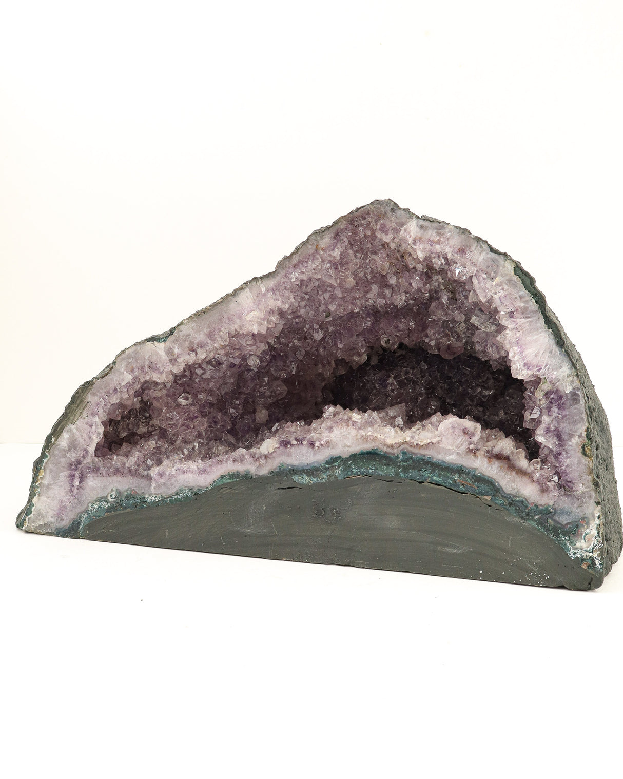 Large 8.8kg Amethyst Cave with sparkling purple crystal formations, natural agate banding and a deep geode cavity measuring 33.5cm long.