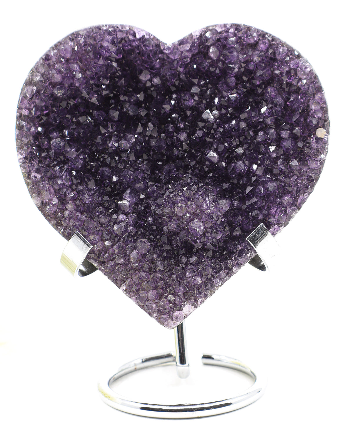 Deep purple Amethyst Crystal Heart with sparkling druzy crystal formations displayed on a metal stand associated with spiritual wisdom, emotional healing and unconditional love.