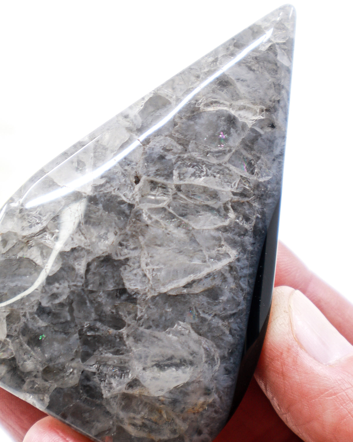 Black Banded Agate Flame 115g with glossy black Agate and smoky grey crystalline formations, polished 8cm protection and grounding crystal.
