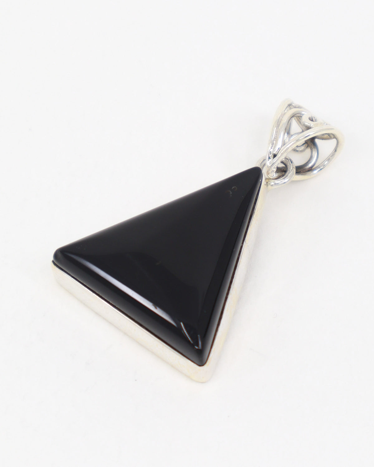 Black Onyx sterling silver triangular pendant with polished black gemstone and ornate .925 silver bail, protection and grounding jewellery.