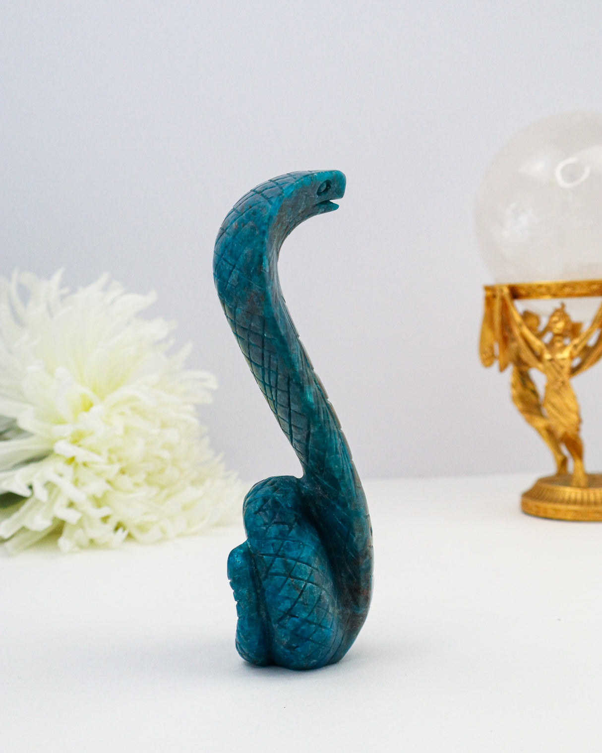 Blue Apatite Snake Carving | 15cm | 429g | Transformation & Insight