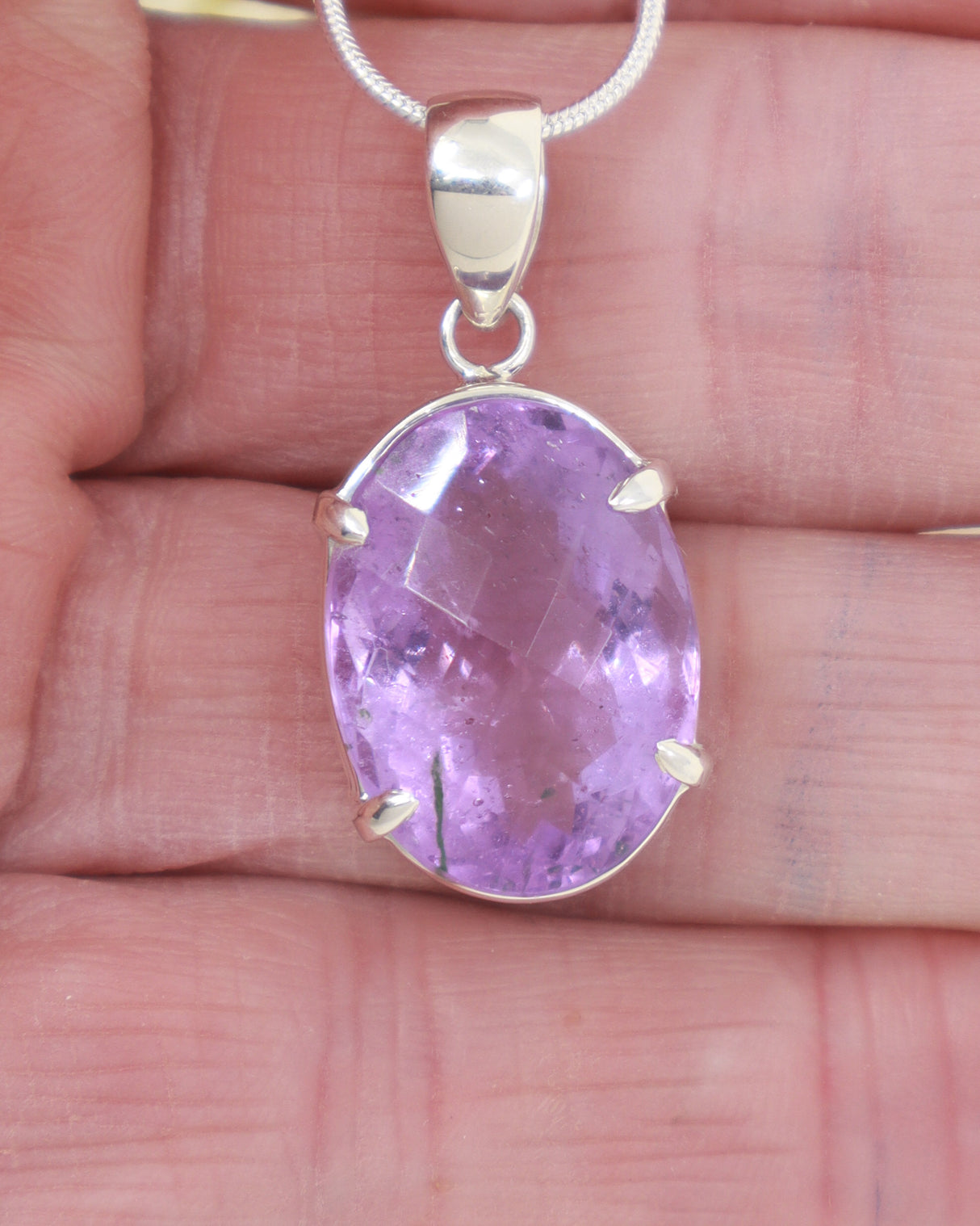 Brazilian Amethyst faceted oval pendant in .925 sterling silver, 3.4cm lavender purple crystal necklace