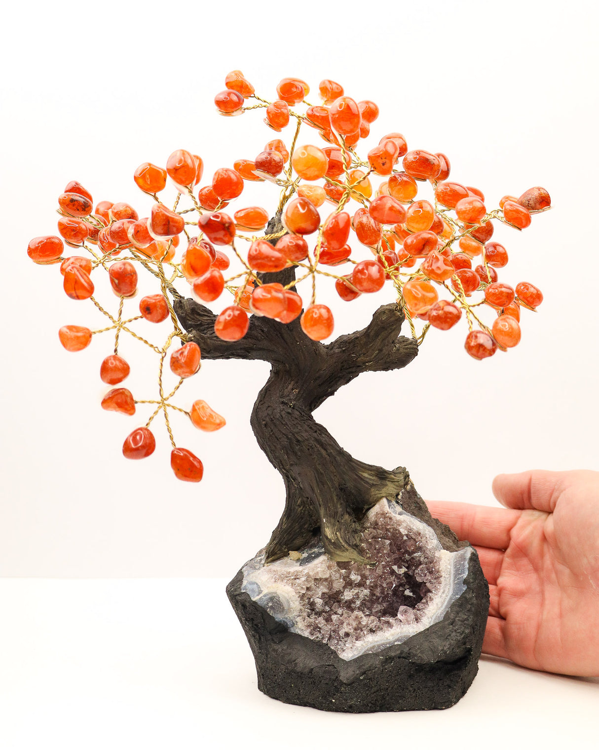 Carnelian Gemstone Bonsai Tree on Sparkling Amethyst Geode Base | 24cm | 24 Branches | Motivation & Vitality