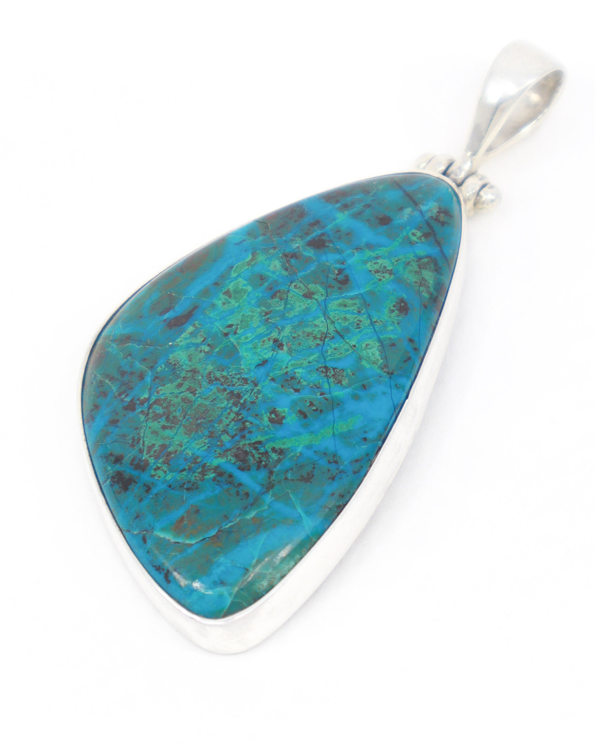 Large natural Chrysocolla sterling silver pendant 6.4cm with vivid turquoise blue and green mineral patterning, statement crystal jewellery with silver chain.