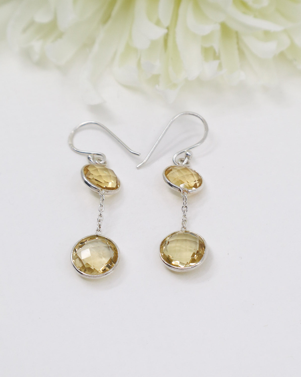 Natural Citrine sterling silver drop earrings with faceted golden gemstones and elegant crystal jewellery styling by Inspired By 3.