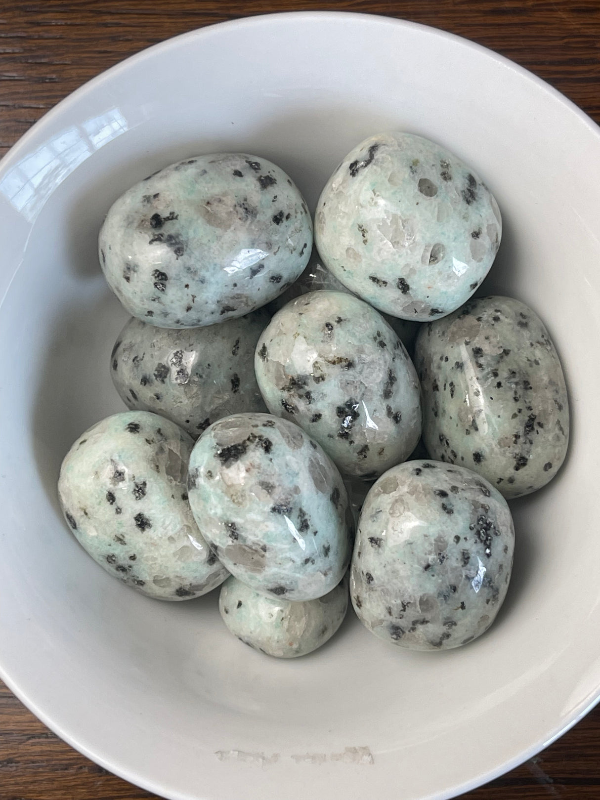 Kiwi Jasper tumbled stone in soft mint-green tones with black and white speckles — crystal of nurturing, peace, and emotional strength.