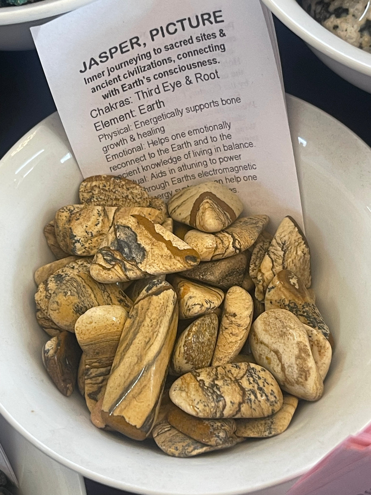 Picture Jasper tumbled stone with scenic brown and tan patterns — crystal of vision, Earth connection, and inner peace.