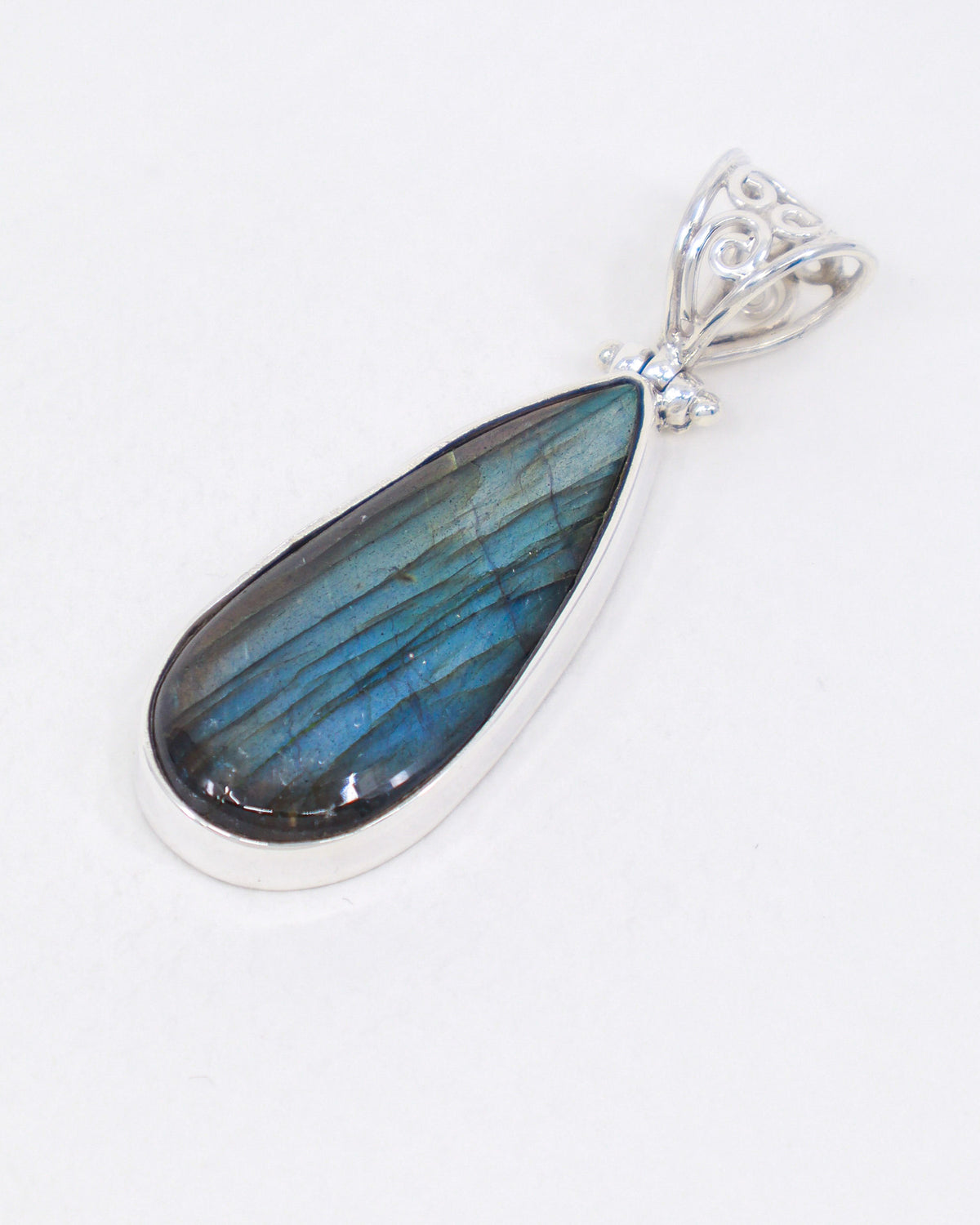 Natural Labradorite sterling silver pendant 5cm with vivid blue, aqua, green and golden flash, elongated teardrop gemstone and ornate silver bail.