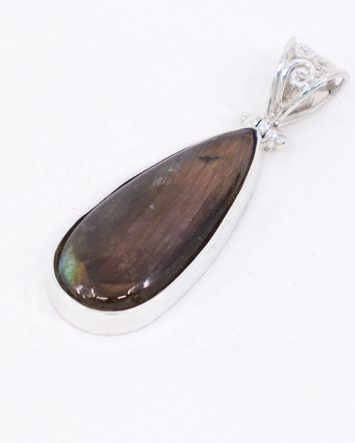 Natural Labradorite sterling silver teardrop pendant with bronze gold, green and blue flash, ornate .925 silver scrollwork bail and complimentary snake chain.