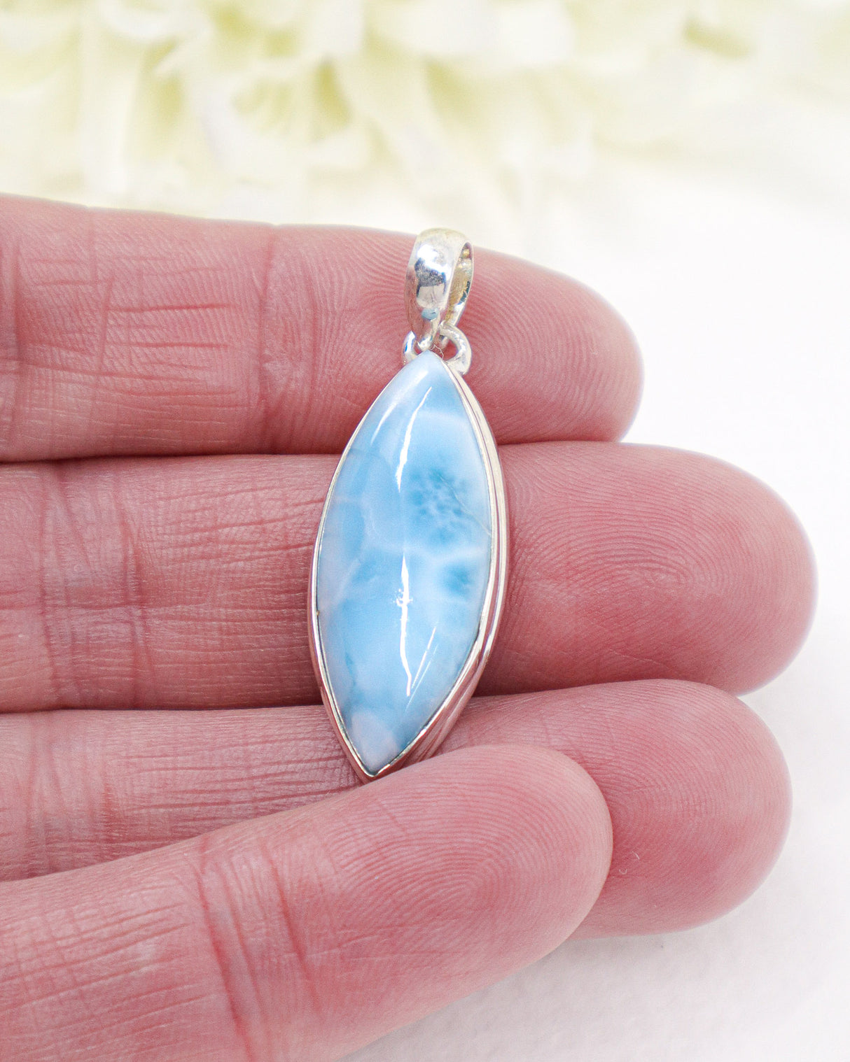 Marquise Larimar Silver Pendant | Intuition & Ocean Serenity