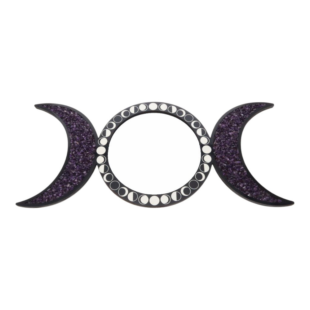 Mirror with triple moon design and natural amethyst crystals