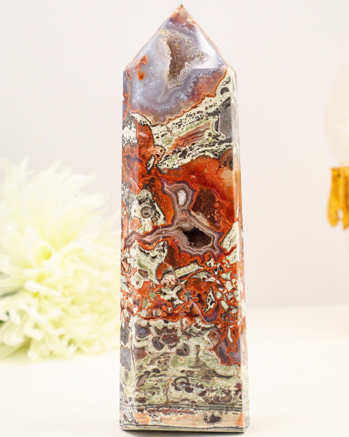 Money Agate tower with natural druzy pocket, red and earthy tones crystal point for abundance and grounding