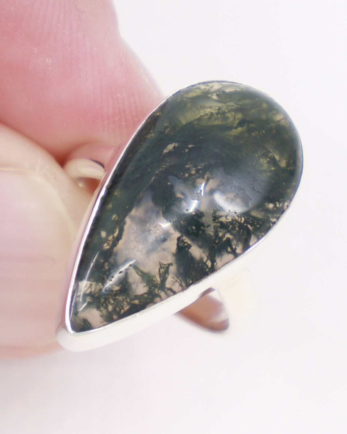 Moss Agate sterling silver ring size 7 with pear-shaped gemstone and natural forest green dendritic inclusions, crystal jewellery Australia.
