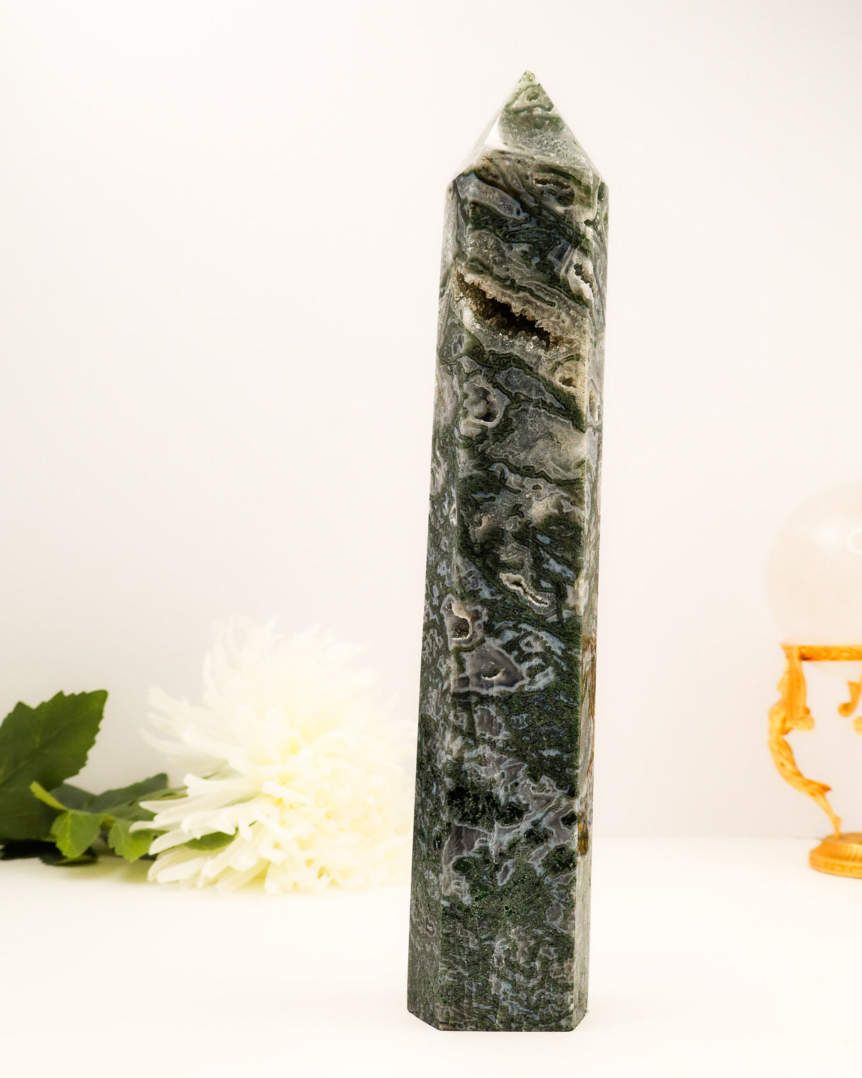 Moss Agate Druzy Tower | 28cm | 1.45kg | Growth & Abundance