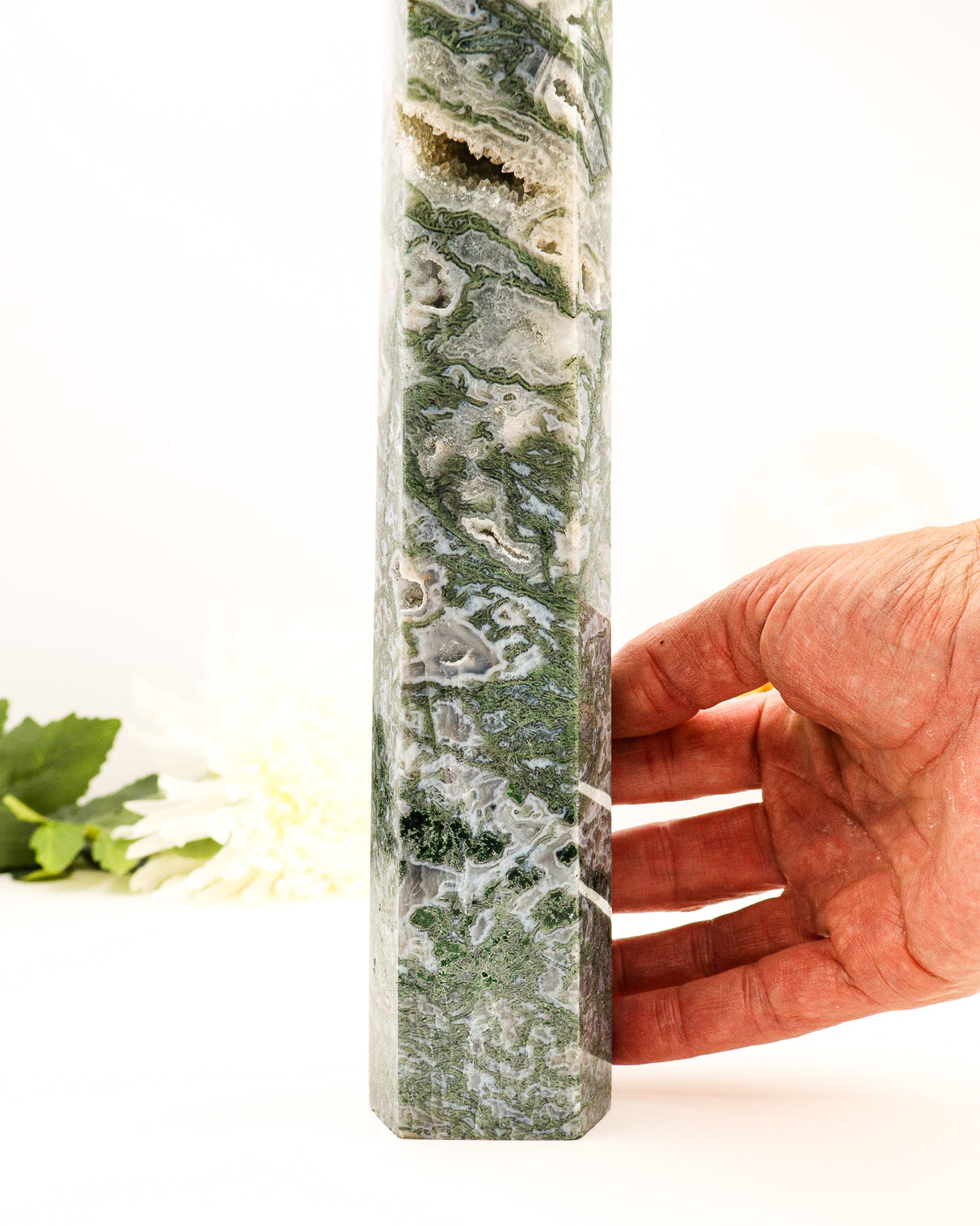 Moss Agate Druzy Tower | 28cm | 1.45kg | Growth & Abundance