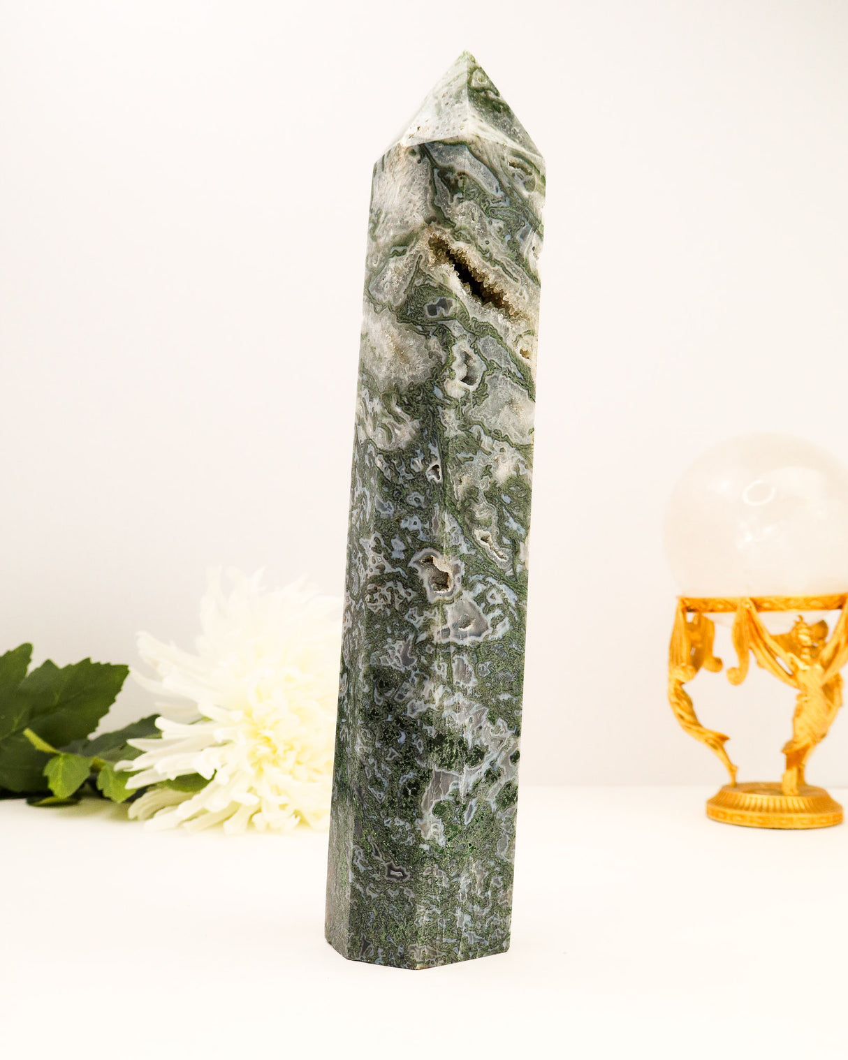 Moss Agate Druzy Tower | 28cm | 1.45kg | Growth & Abundance