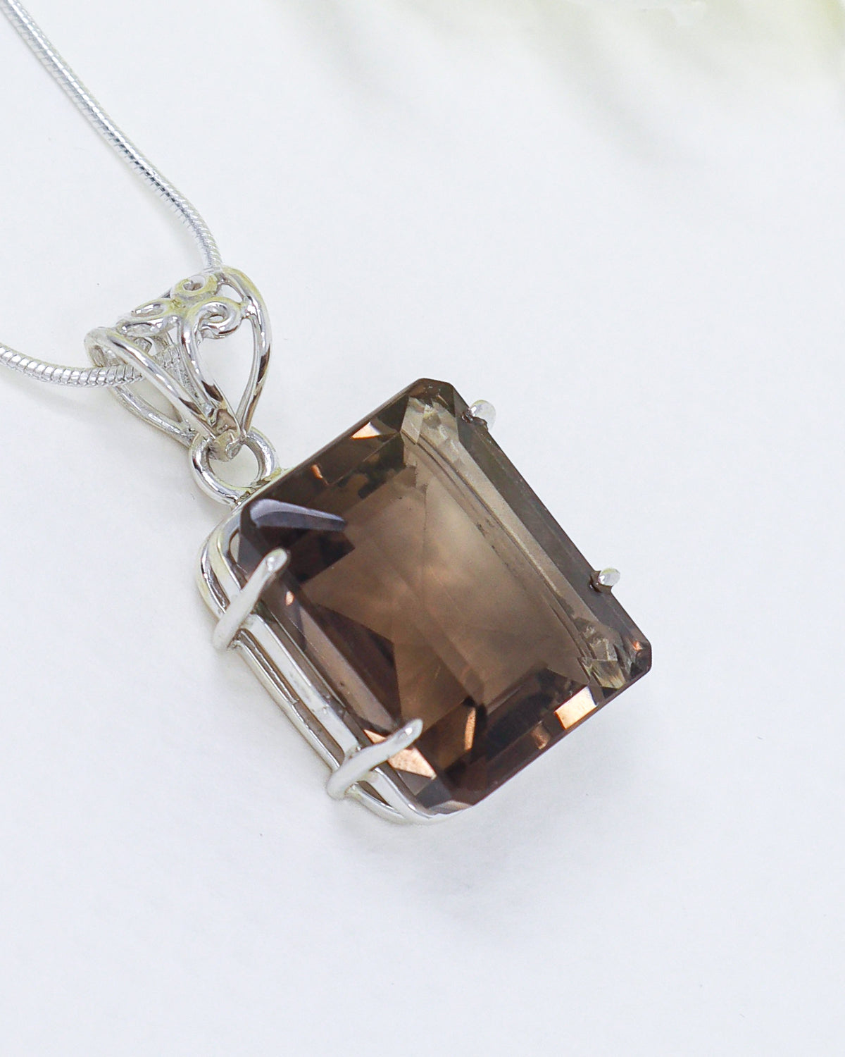 Brazilian Smoky Quartz sterling silver pendant with rectangular faceted brown crystal for grounding, protection and spiritual jewellery Australia.
