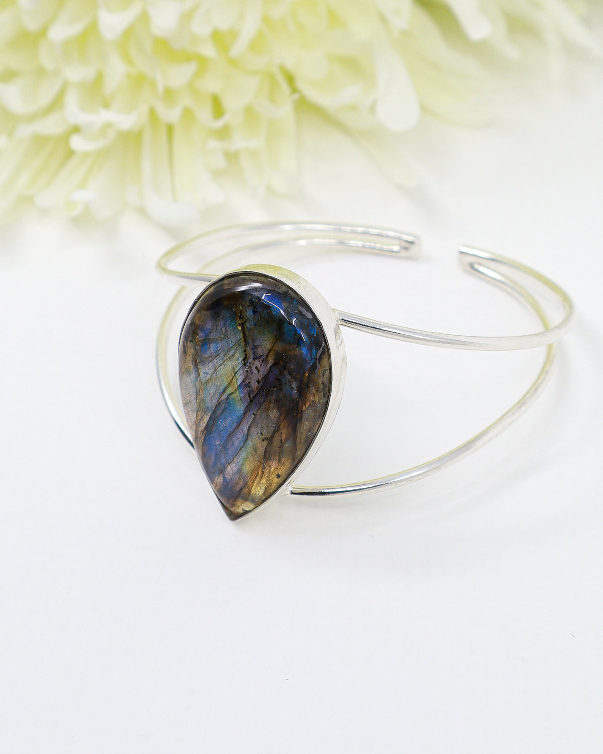 Sterling Silver Labradorite Bangle 23g | Natural Labradorite Statement Bangle