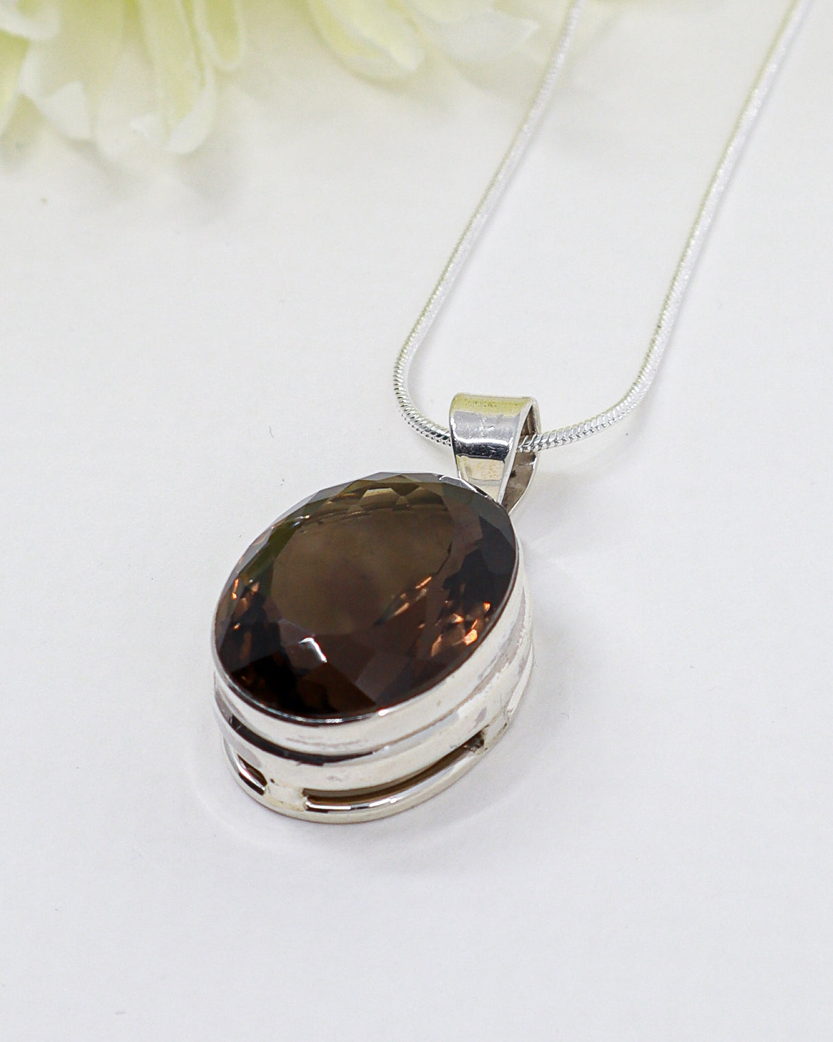 Natural faceted Smoky Quartz oval .925 sterling silver pendant with snake chain – Inspired By 3 Australia