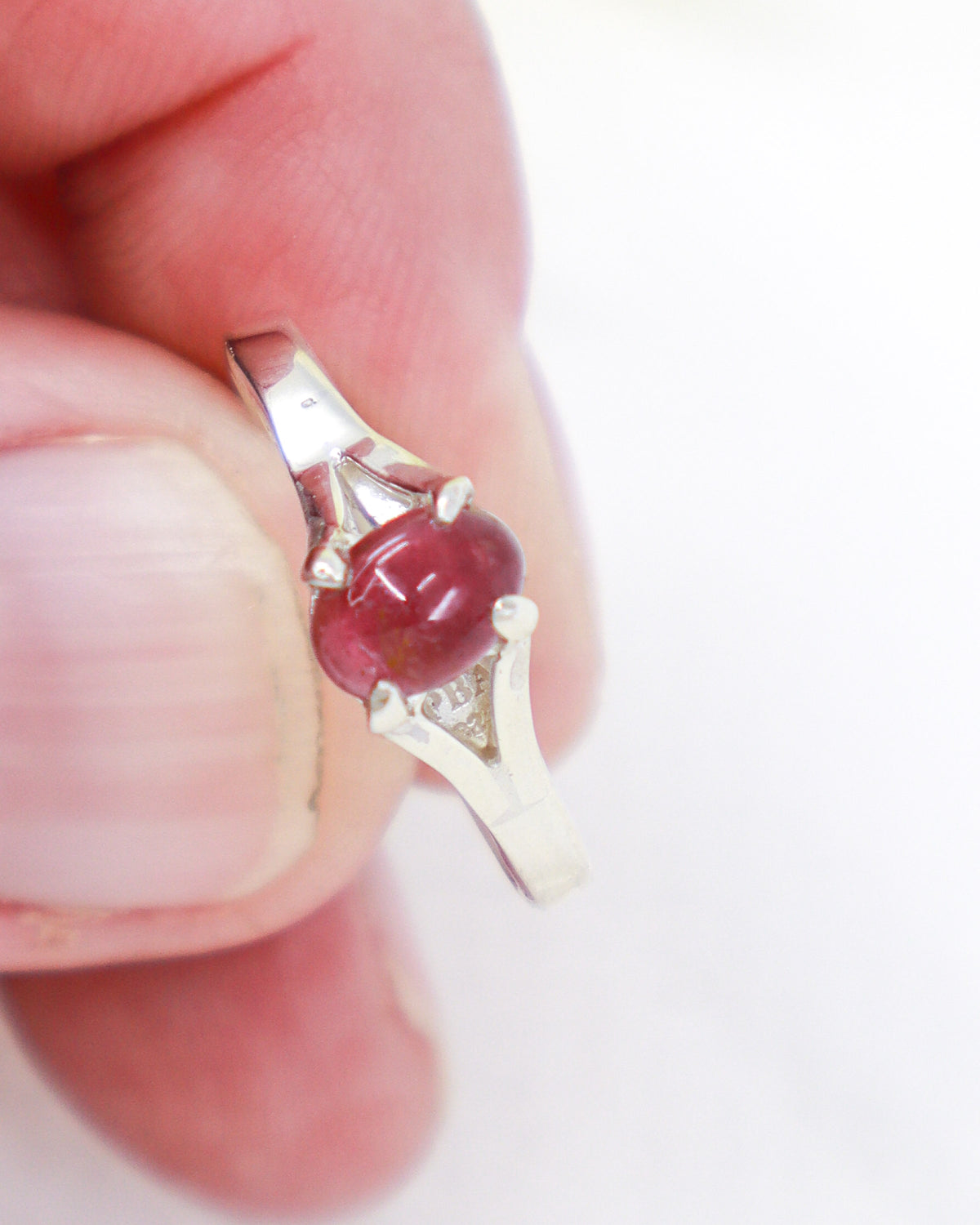 Natural Pink Tourmaline sterling silver ring Size 9 with oval raspberry pink Tourmaline cabochon in .925 silver setting.