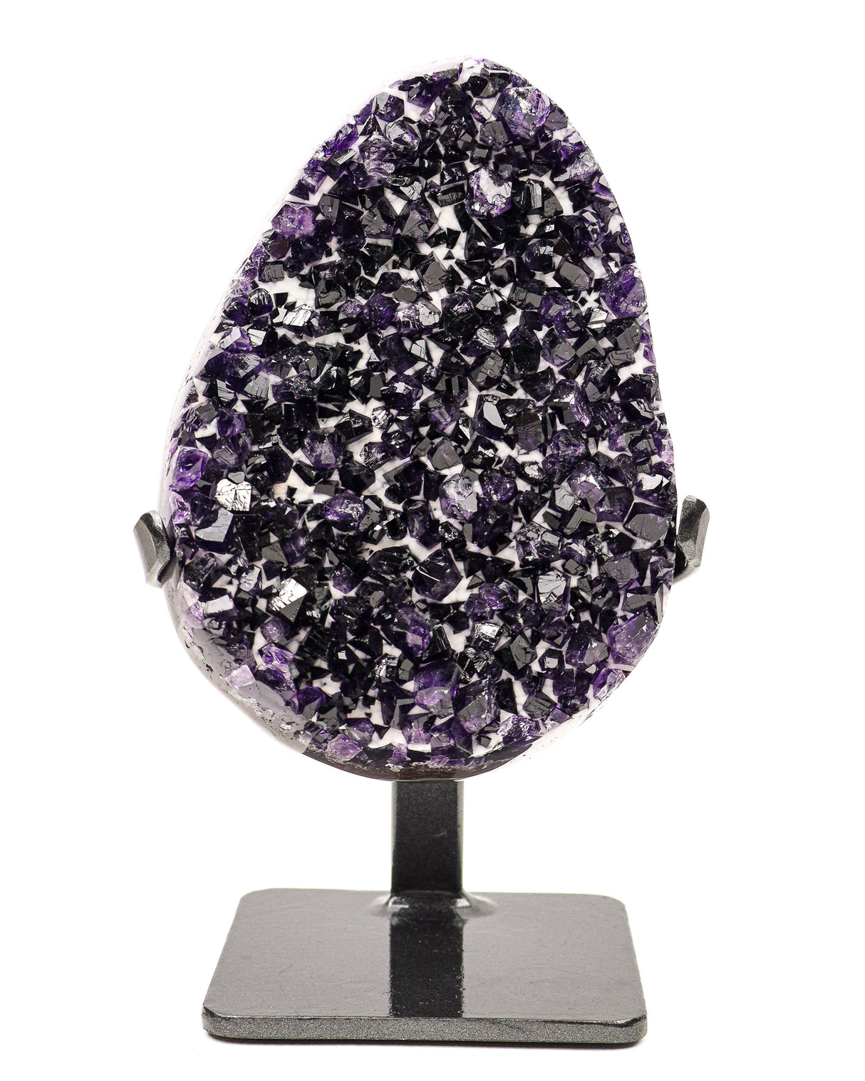 Uruguayan amethyst druzy cluster with deep purple crystals and calcite on black stand, 2.2kg statement piece.