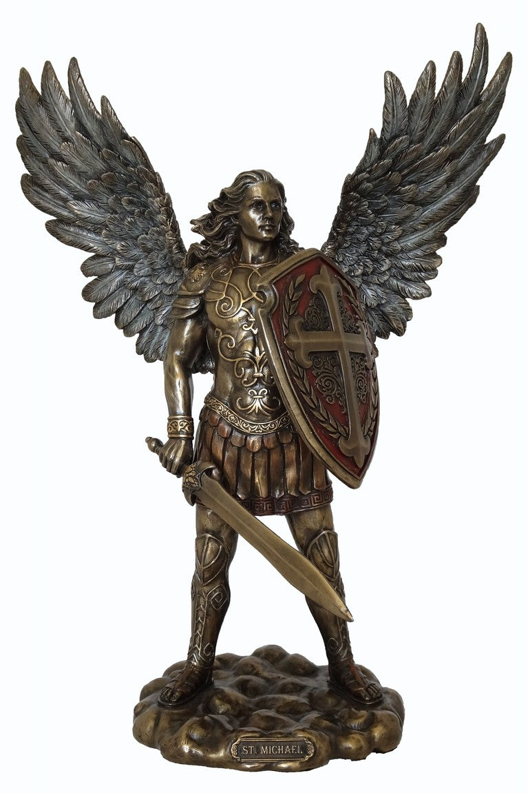 "Archangel Michael bronze statue with shield and sword – Protector and Warrior of Light, symbol of strength, courage, and divine protection"