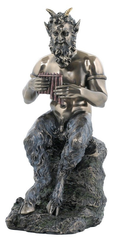 "Pan bronze statue playing flute – Greek God of Nature, Music and Fertility, symbol of joy and connection to the wild"