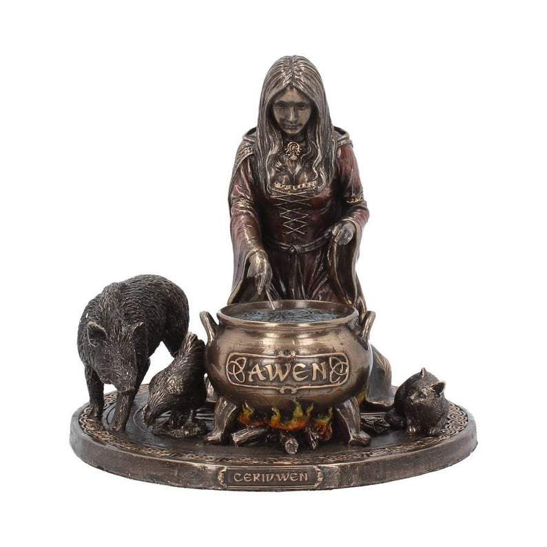 "Cerridwen bronze statue with sacred cauldron – Celtic Goddess of Magic, Wisdom and Rebirth, symbol of transformation and inspiration"