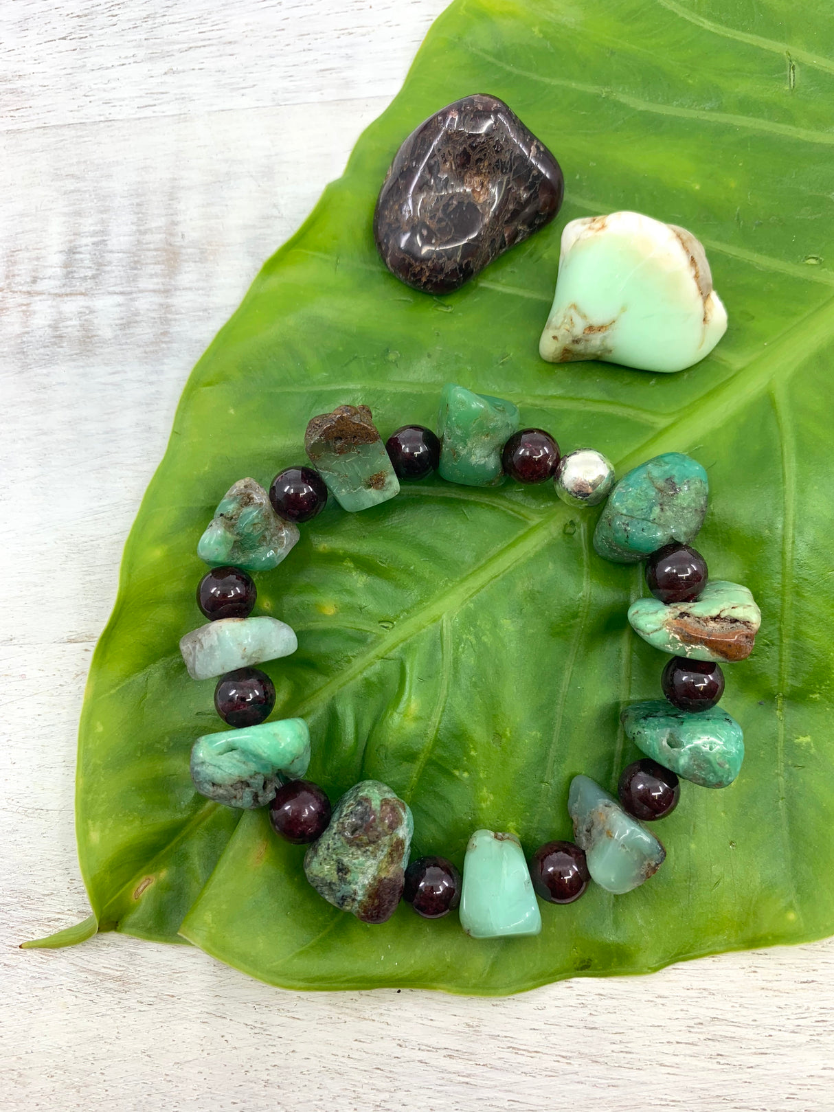 Chrysoprase & Garnet Silver Bracelet - Connecting to Oneself