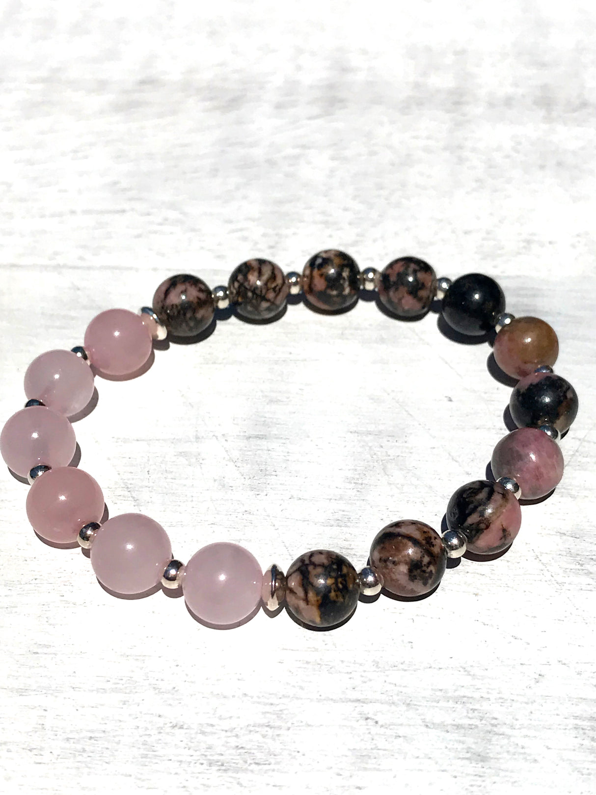 Rose Quartz and Rhodonite Sterling Silver Bracelet
