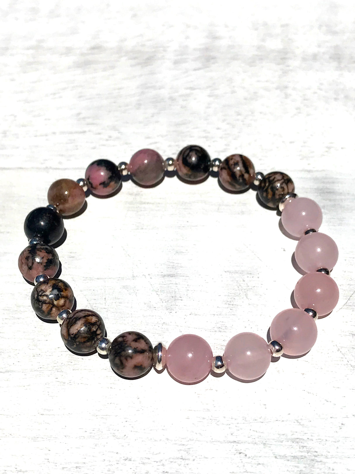 Rose Quartz and Rhodonite Sterling Silver Bracelet