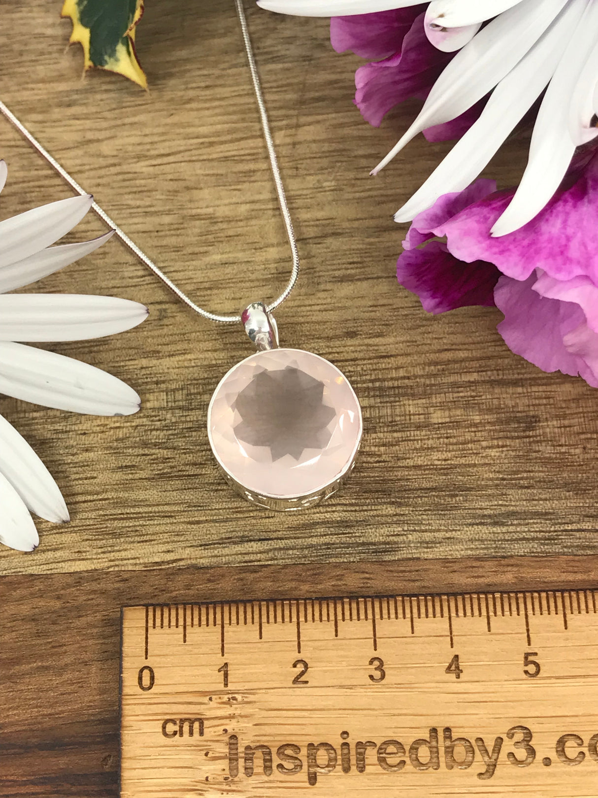 Rose Quartz Round Faceted Silver Pendant - Love & Peace