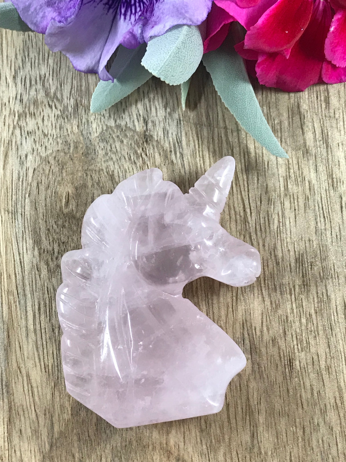 Rose Quartz Unicorn Carving 6 cm × 4.5 cm – soft pink crystal unicorn symbolising love, purity and emotional healing, Inspired By 3 Australia.