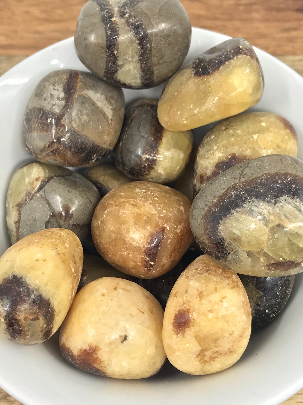 Septarian tumbled stone with yellow, brown, and grey patterns — crystal of strength, wisdom, and grounded communication.